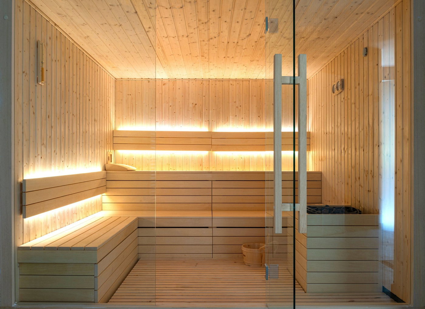 The inside view of a luxurious sauna with glowing lights